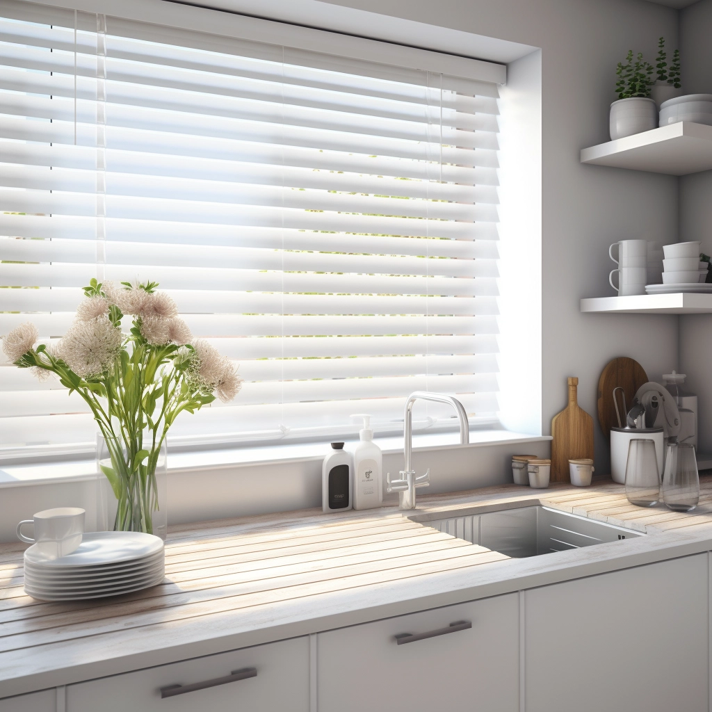 Cheap Faux Wood Blinds in Kitchen